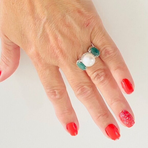 Vintage Judith Ripka Sterling Silver Pearl & Emerald Ring – Thailand 925 - Picture 3 of 9